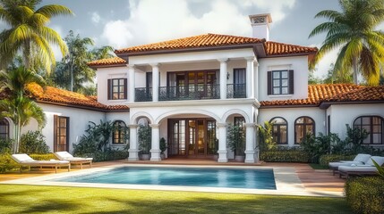 Fototapeta premium Stunning Mediterranean mansion with a pool, offering luxury living in a tropical paradise.