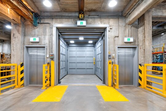 Large industrial freight elevator and two service elevators in warehouse