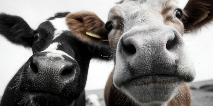 A curious pair of cows come up close to the camera, looking inquisitive with their funny faces.