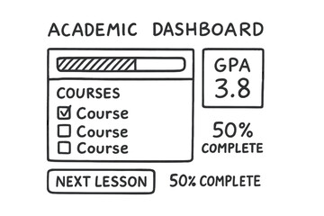 Fototapeta premium Doodle Academic Dashboard. Academic dashboard: hand drawn doodles of progress bar, course list, GPA score, “next lesson” button,