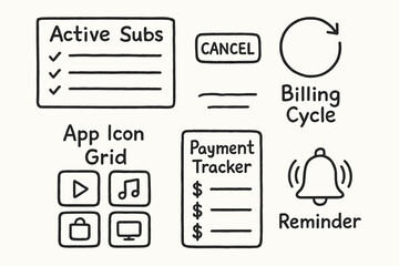 Subscription Management Doodles. Subscription manager: hand drawn doodles of active subs list, cancel button, billing cycle, app