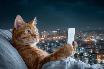 Adorable cat with smartphone delights in moonlit room. Cat and moonlight. We rely on screens to decode reality through curated visuals and facts. Moonlit room. Smartphone attention.