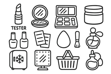 Beauty Store Icons. Beauty store doodle icon set: hand drawn icons of lipstick tester, compact mirror, eye shadow palette, skin