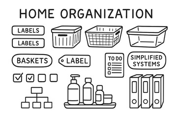 Home Organization Icons. Home organization doodle set: hand drawn icons for labels, baskets, lists, and simplified systems,
