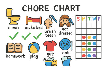 Kids' Chore Chart Icons. Child chore chart doodle set: hand drawn icons for daily tasks, checkmarks, and colorful tracking,