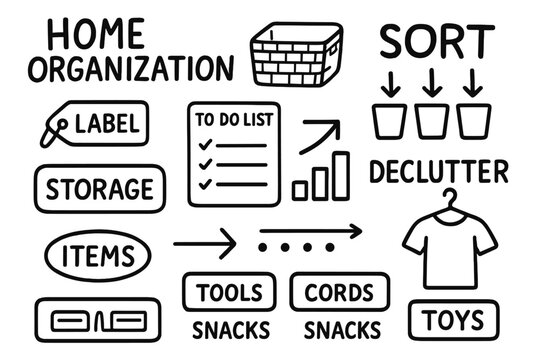 Home Organization Icons. Home organization doodle set: hand drawn icons for labels, baskets, lists, and simplified systems,