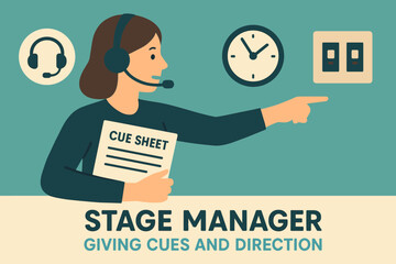 Stage Manager Essentials. Flat design banner featuring stage manager giving cues and direction icon set for headset, cue sheet,