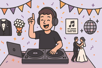 Wedding Party Celebration. Cartoon-style horizontal panel showing DJ at wedding party and celebration icon set for tuxedo, bouquet