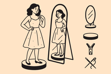 Dress Fitting Elements. Creative vector layout with customer trying on dress and fitting icon set for mirror, platform, zippers