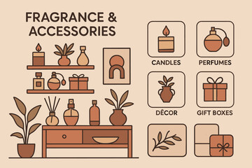 Fragrance and Accessories Display. Modern banner depicting boutique’s fragrance and accessories corner and ambiance icon set for