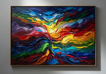 A vibrant, textured abstract painting displays a dynamic interplay of bold colors and expressive brushstrokes.