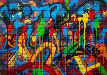 Obraz premium Vibrant graffiti art covers a brick wall with a dynamic array of colors.
