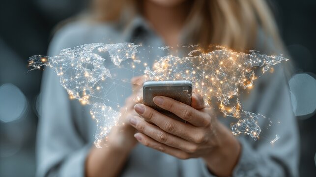 Woman uses mobile phone showing digital connection and shopping cart over urban background - Powered by Adobe