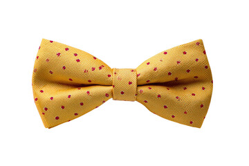 A mustard yellow bow tie with small, scattered red polka dots