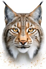 Obraz premium Eurasian lynx staring with intense gaze on white background with paint splatter