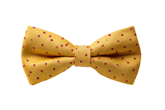 A mustard yellow bow tie with small, scattered red polka dots