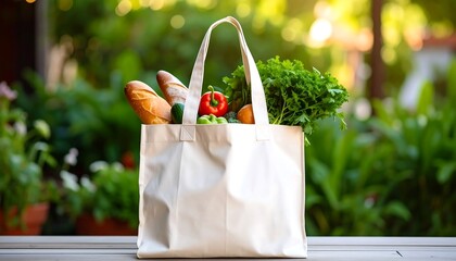 Reusable grocery tote bag filled with fresh produce and bread, outdoors