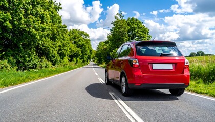 Fototapeta premium Red car on a country road on a sunny day