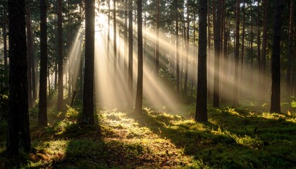 Obraz premium Sunbeams Shining Through Trees in Woodland Forest Landscape