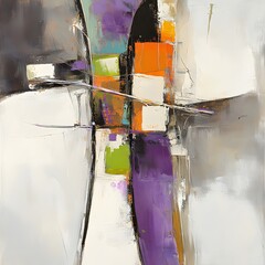 Abstract Modern Art Painting Purple Orange Grey White Canvas Texture