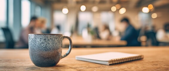 Close-up of a ceramic coffee mug and notebook on a desk in a lively coworking space, with blurred coworkers on laptops in the background. Conveys productivity, focus, and energetic collaboration.