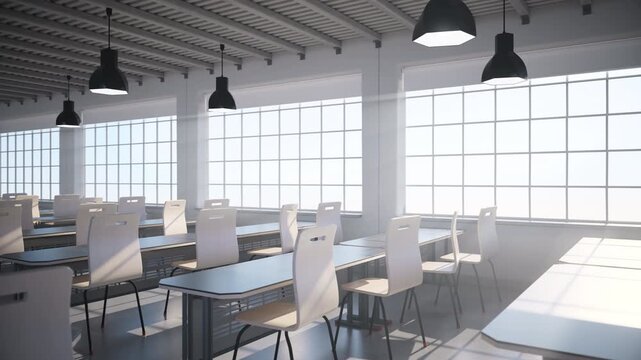 A slow pan across an empty classroom with bright sunlight streaming through the large windows. Concept for education, university, and back-to-school themes. Ultra HD 4K 3840x2160 3D loopable animation