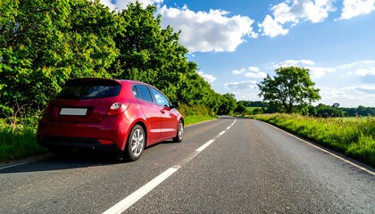 Red car on a country road under a blue sky (1)