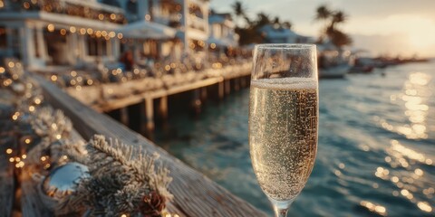 Glass of sparkling champagne with festive holiday decorations and sunset over tropical waterfront