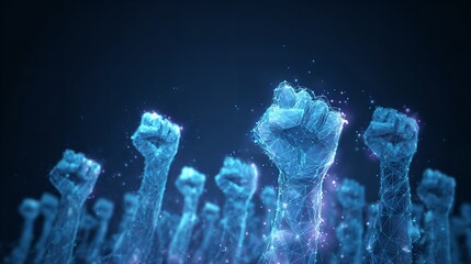 Futuristic digital illustration of raised fists symbolizing revolution, protest, and uprising power.