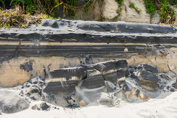 Fototapeta premium Black and white sand at Naufragados beach, tidal rhythmite deposits in Florianopolis - Brazil