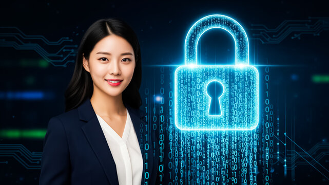 Left-side : A beautiful young woman around a digital padlock with binary codes, symbol of cyber security and data protection.