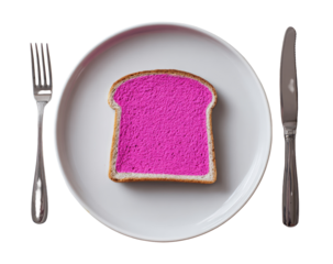 A single slice of brightly colored pink bread on a white plate, with a fork and knife