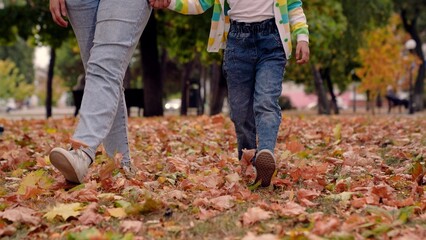 Legs, baby mom play together holding hands, autumn outdoors. Happy baby mom walk kicking dry yellow leaves with mom in autumn park. Happy family walk, mom baby in autumn park. People in nature