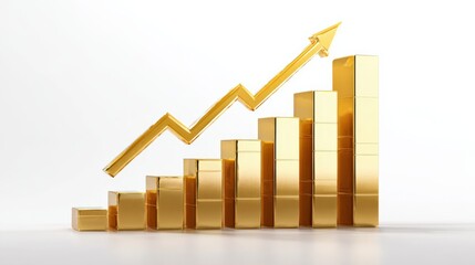 Golden Bar Graph with Upward Trend Arrow Representing Business Growth and Financial Success in 3D