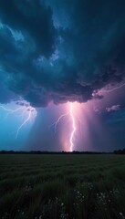 Dramatic thunderstorm rolling in over a dark, brooding landscape with a powerful thunderbolt striking in the distance A powerful display of nature's raw energy , summer storm, moody