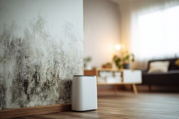 Mold creeping along a living room wall in a modern home, with a blurred background featuring an air purifier and warm wooden floor, evoking moisture concerns and contemporary design.