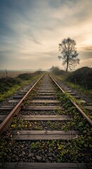 A serene vista of weathered train tracks extending into a misty countryside landscape, bathed in soft, muted light.