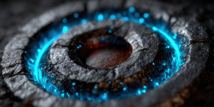 The image features a glowing, circular stone structure with vibrant blue energy and intricate details.