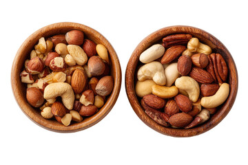 Two wooden bowls overflowing with a mix of nuts