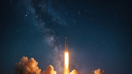 Rocket launching under starry sky.