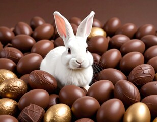 Obraz premium White rabbit nestled amongst chocolate eggs (1)
