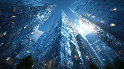 Looking up at towering glass skyscrapers during the daytime against a clear blue sky with scattered clouds in the Financial District