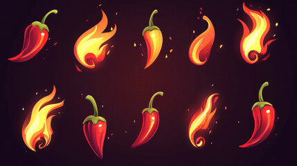 Vector set of cartoon hot chili peppers, fiery red and burning, representing spicy Mexican peppers. Ideal for cooking, sauces, and organic food illustrations