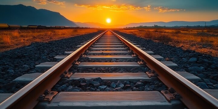 The setting sun illuminates the train tracks, guiding the way towards the horizon.