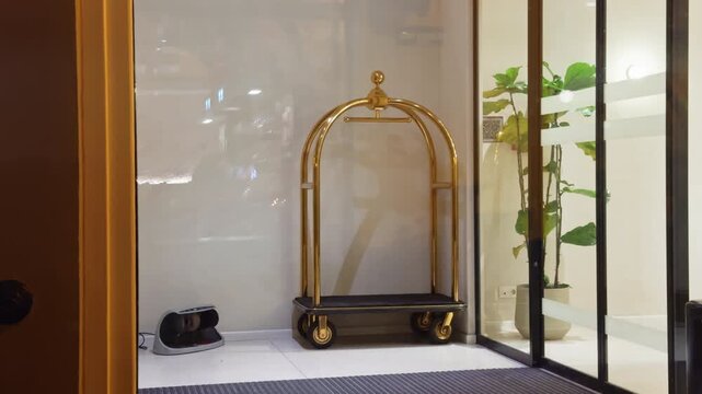 An elegant hotel lobby featuring a stylish bellman cart and lush greenery enhances the ambiance beautifully