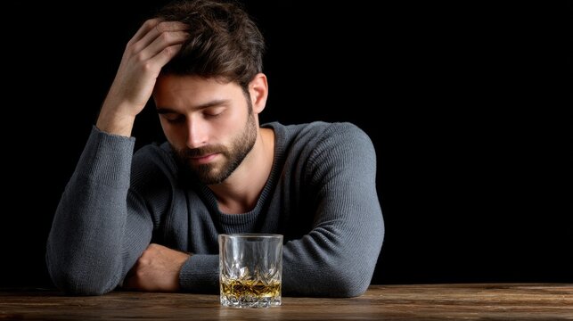 Adult man sits troubled by severe alcohol dependence and chronic alcoholism, experiencing deep despair and an intense craving. He battles withdrawal symptoms with a half empty glass. - Powered by Adobe