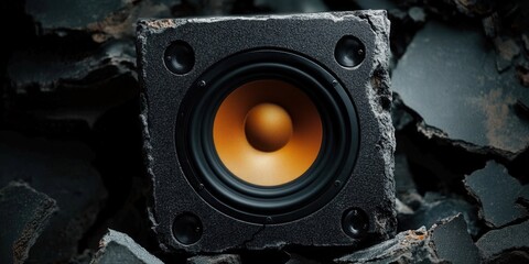 A close-up of a speaker with an orange cone, set in a textured, abstract environment.