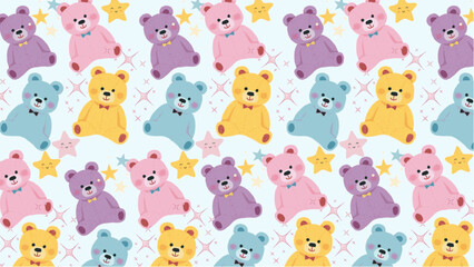 A sweet and cute colorful seamless cartoon pattern with funny teddy bears and stars is perfect for a baby shower, cloth, fabric, wallpaper design
