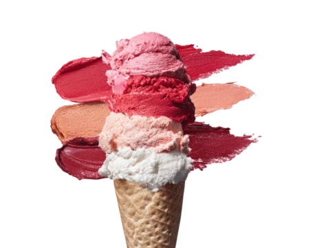 A vibrant ice cream cone with multi-colored scoops, overlaid with swirled, abstract lipstick-like strokes of various shades of pink and red