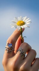 Hand Holding Daisy with Leafy Rings, Blue Sky Background, Artistic Composition.